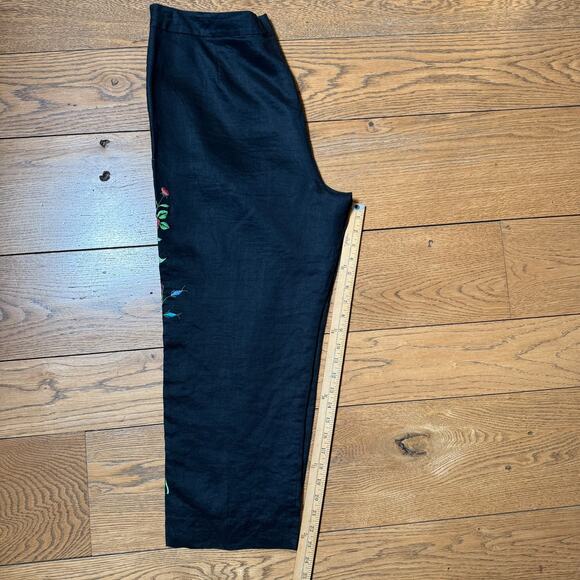 Allison Taylor Black Linen Pants 14 Embroidered Floral Cropped Boho Straight Leg - Picture 10 of 10